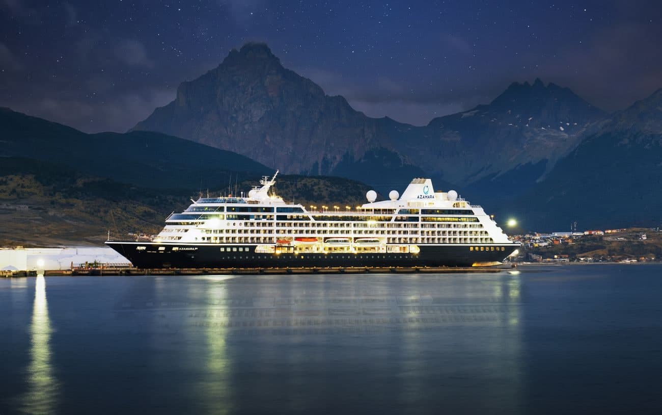 Azamara Cruises ship illuminated at night in Ushuaia