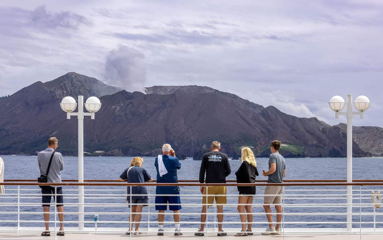 Guests viewing Whakaari White Island from the ship