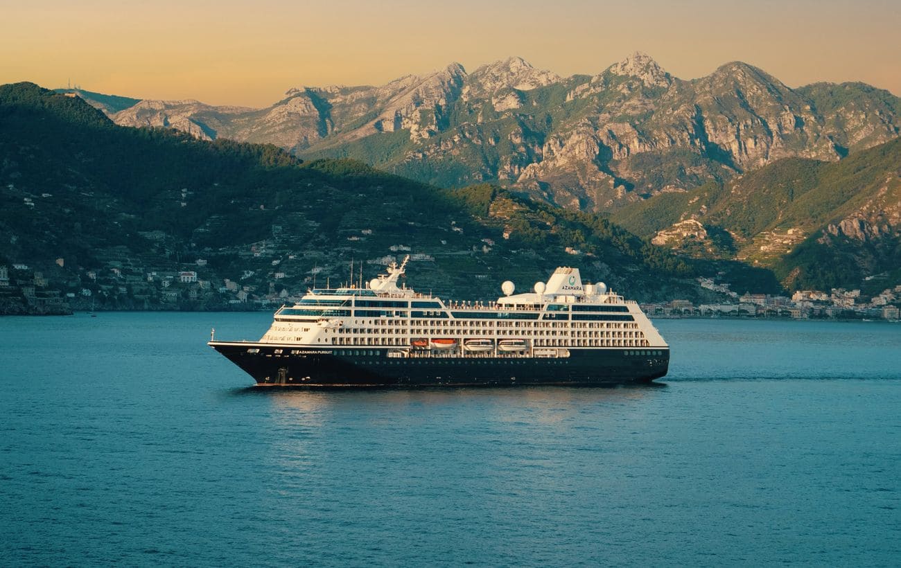 Azamara Pursuit cruising off the mountainous Amalfi Coast