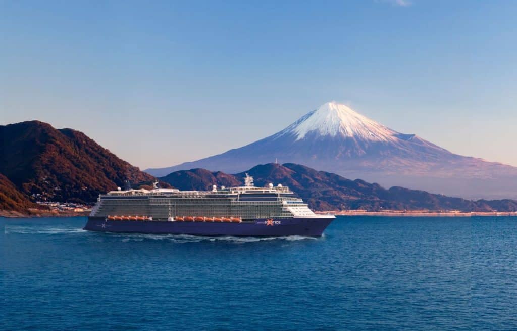 Celebrity Solstice sailing beneath Mount Fuji in Japan