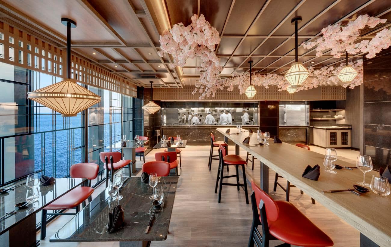 Sakura restaurant with ocean views, cherry blossom decor and open kitchen