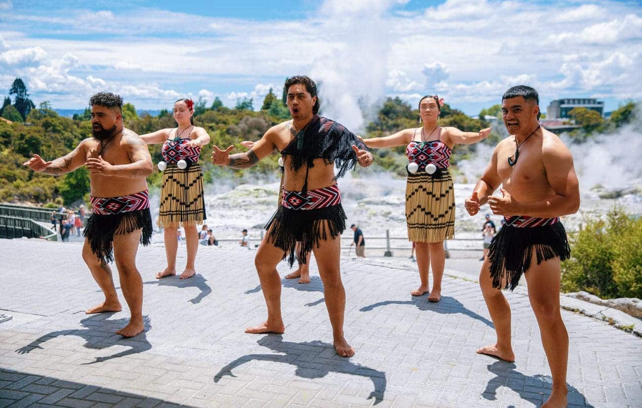 Māori performers presenting haka at Te Puia