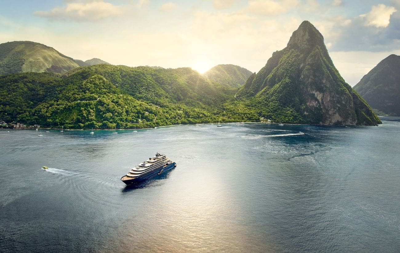 Evrima sailing beneath the Pitons in Saint Lucia