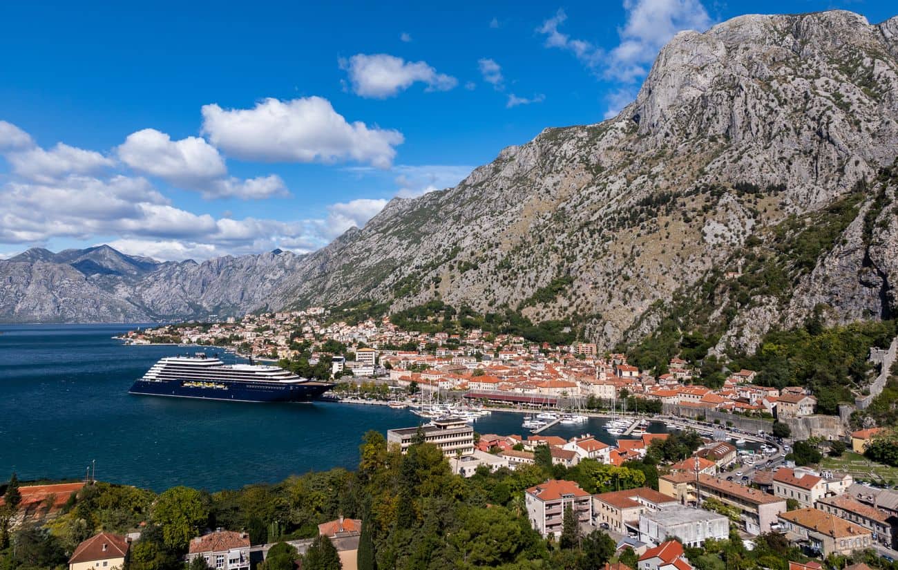 Ritz-Carlton Yacht Collection yacht Luminara docked beside Kotor, Montenegro