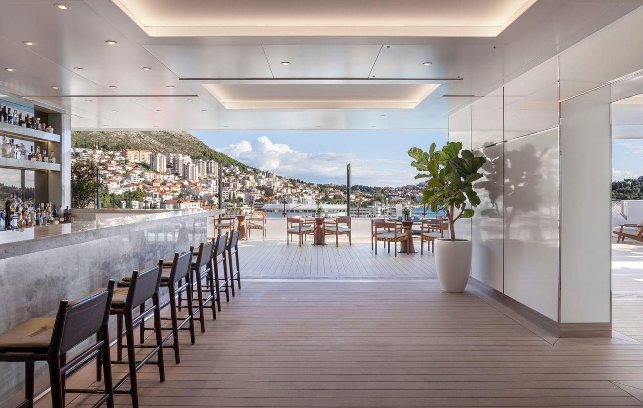 Mistral aboard Luminara with open-air bar seating overlooking Dubrovnik