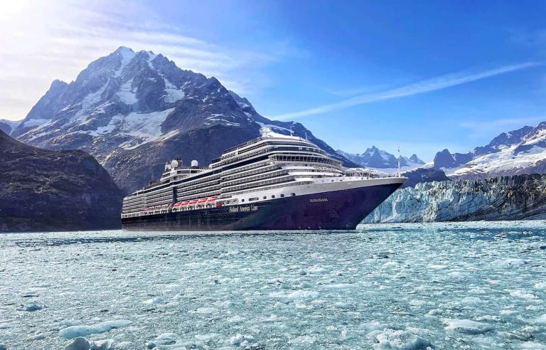 Alaska Cruise Season 2027 Marks Holland America’s 80th Year In The Region Eurodam beside glacier ice during Alaska cruise season 2027