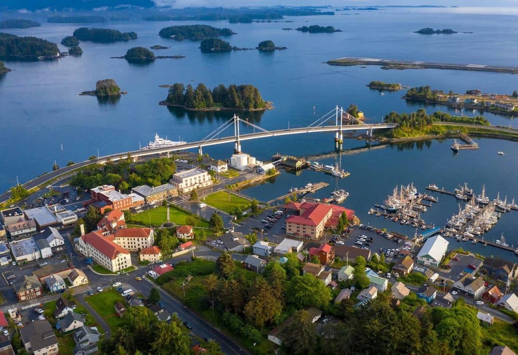 Aerial view of Sitka harbor bridge and islands